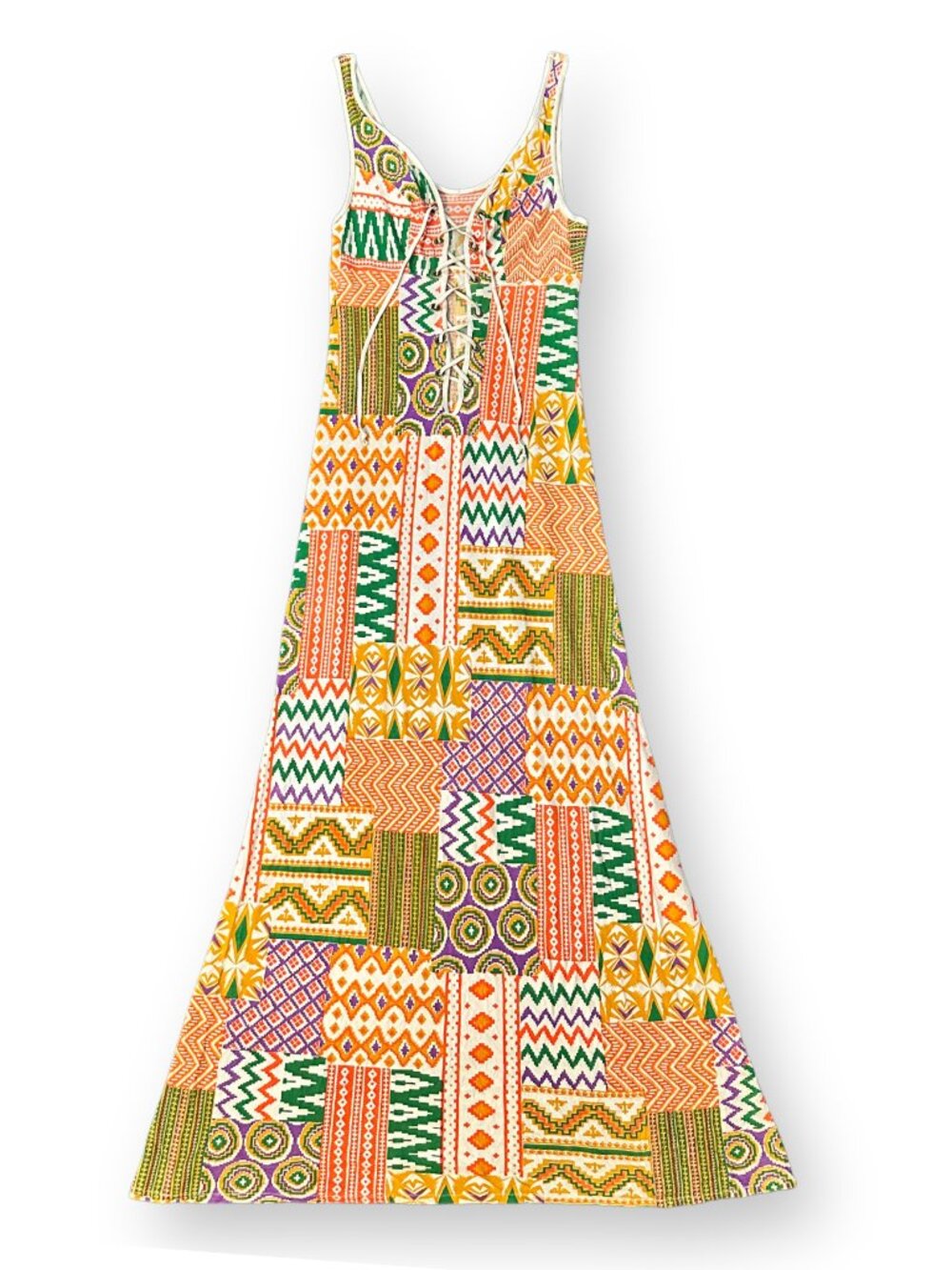 Vintage 70s Patchwork Print Lace-Up Maxi Dress - Size S
